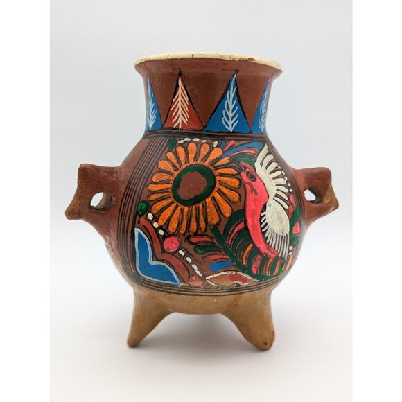 1970's Mexican Tonala Art Ceramic Vase w/ Folklore Hand painted Floral and Bird - Picture 1 of 7